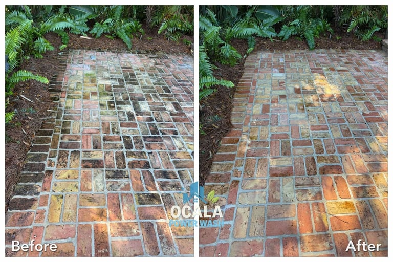 Before and after comparison of brick patio cleaning, showing dirty pavers on left and restored clean pavers on right