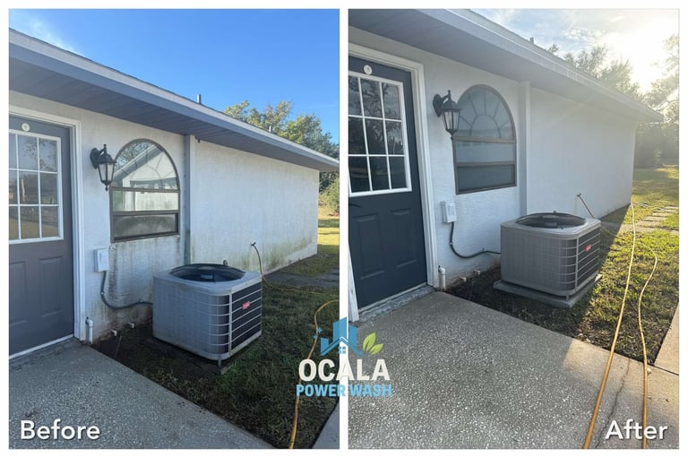 Before and after comparison of a home exterior showing HVAC unit replacement and driveway cleaning by Ocala Power Wash