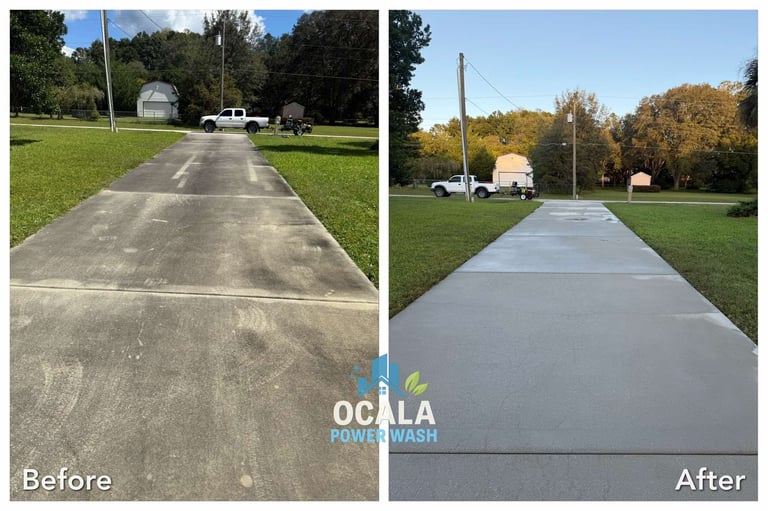 Before and after comparison of driveway power washing, showing a dirty stained concrete surface transformed to clean bright concrete