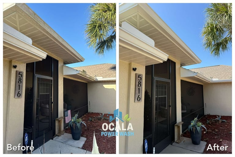 Before and after exterior home renovation showing front entrance with updated paint and finishes