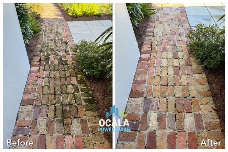 Before and after comparison of a brick pathway cleaning showing dirty moss-covered bricks on left and clean restored bricks on right.