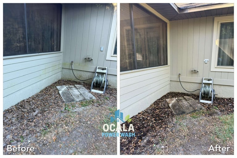 Before and after comparison of house exterior pressure washing, showing cleaned white siding and gravel area