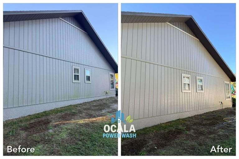 Before and after power washing comparison of a metal-sided building exterior, showing dirt removal and cleaning results.