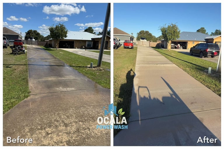 Before and after comparison of driveway cleaning by Ocala Wash, showing dirty stained concrete transformed to clean bright surface