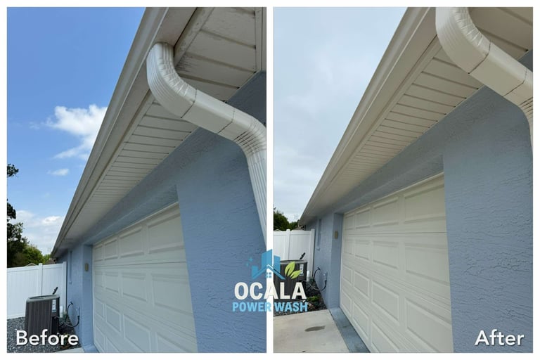 Before and after comparison of house exterior cleaning, showing white garage doors and gutters with improved cleanliness on right side