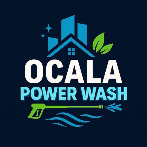 Ocala Power Wash logo featuring a house with roof, green leaf, power washer gun, and water waves on dark blue background