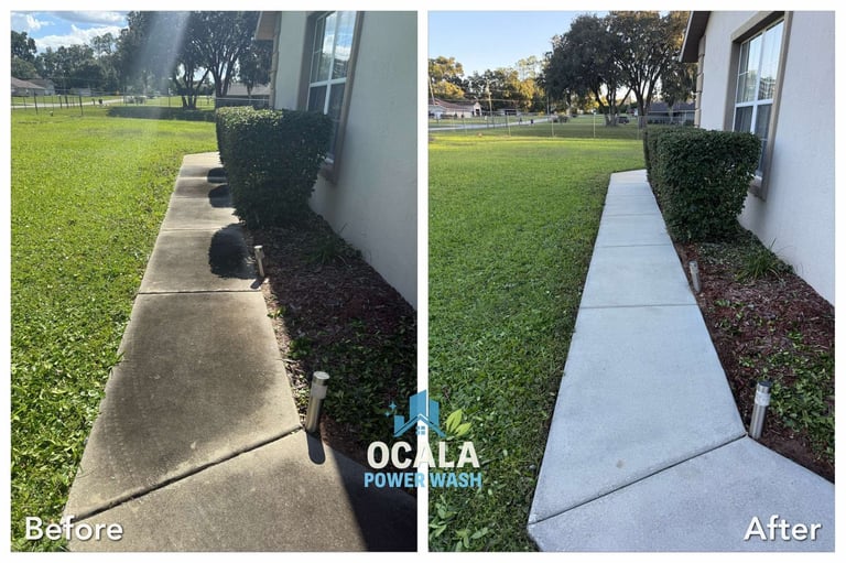 Before and after comparison of a concrete walkway power washing, showing cleaner surface on the right side
