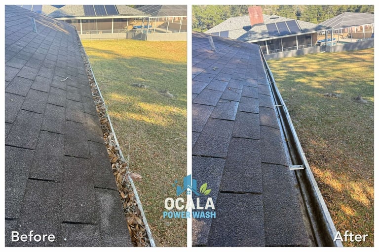 Before and after roof cleaning comparison showing dirty debris-filled gutter on left and clean gutter on right with Ocala Power Wash logo
