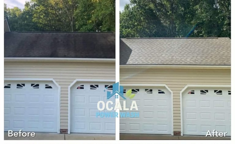 Before and after comparison of garage roof and doors, showing roof replacement and door refinishing