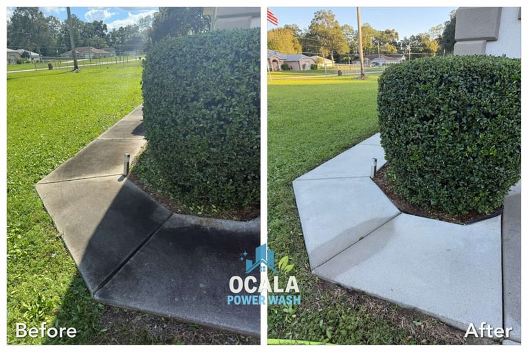 Before and after comparison of power wash cleaning on a concrete drainage ditch and hedge base