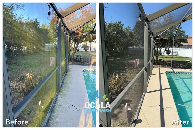 Before and after comparison of pool enclosure cleaning by OCALA, showing algae removal and clarity improvement