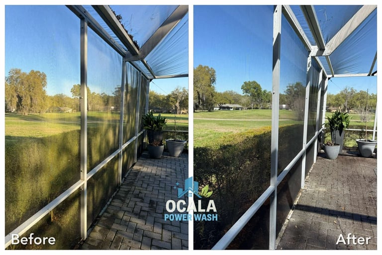 Before and after power wash comparison showing a screened patio overlooking a lake and green lawn, with dirt removed from the right side