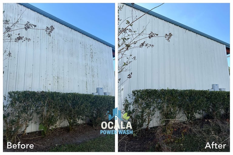 Before and after comparison of metal building wall cleaned by power wash, showing removal of dirt and debris