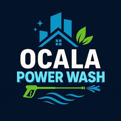 Ocala Power Wash logo featuring a house with blue roof, green leaf, power washer spray, and water waves on dark background